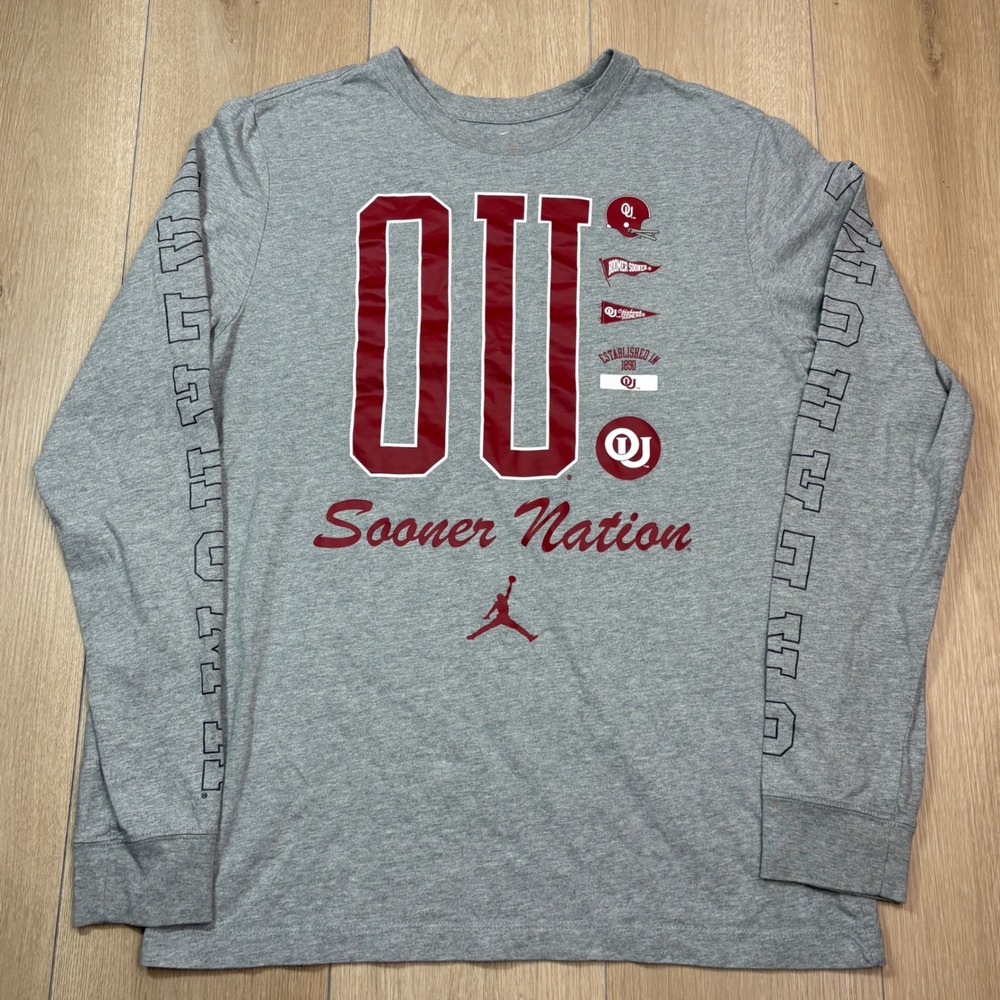 Jordan Oklahoma Sooners Long Sleeve T-Shirt Spellout Gray Sooner Nation Medium